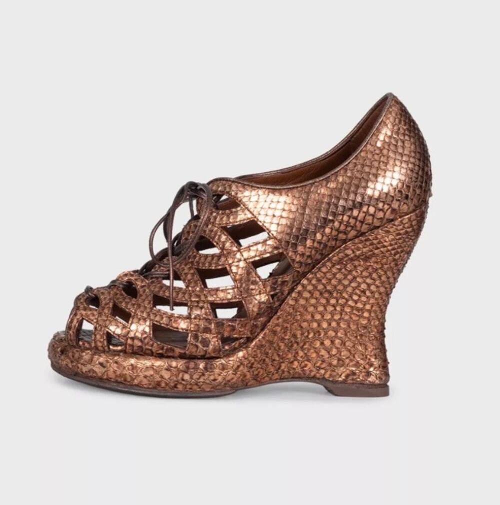 Bottega Veneta Python Metallic Gold Wedge Sandals Sz 37.5